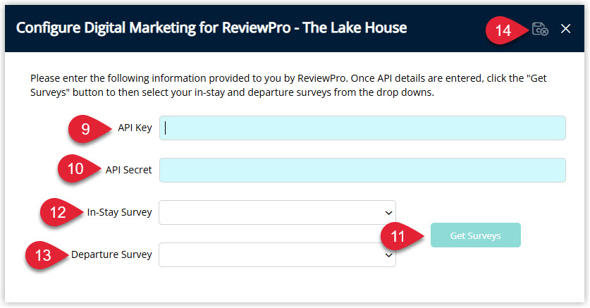 Annotated screenshot of the ReviewPro configuration screen in RMS highlighting the API Key, API Secret, In-Stay Survey, Departure Survey fields and the Get Surveys button