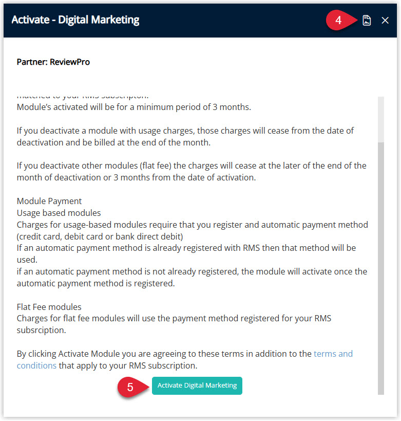 Annotated screenshot of the Activate Digital Marketing window in RMS highlighting the save icon and the Activate Digital Marketing button