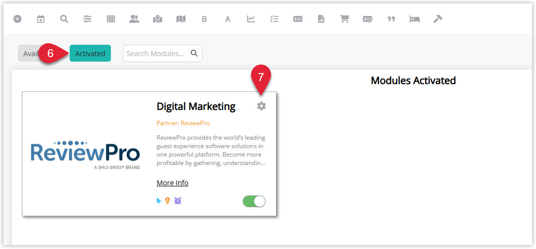 Annotated screenshot of the Module Market Activated tab in RMS highlighting the Activated tab and the Digital Marketing module settings icon