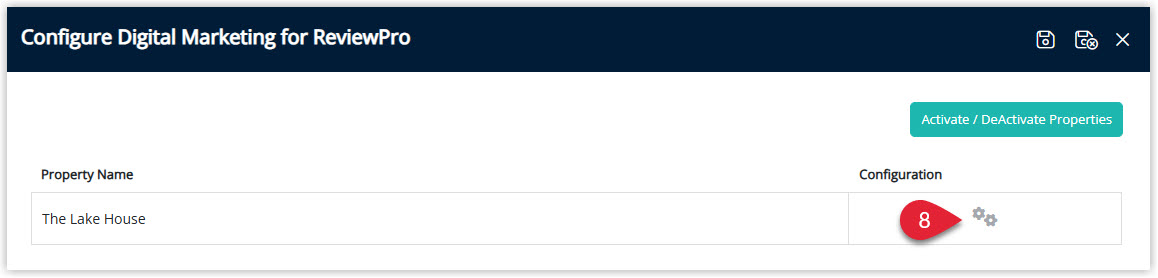 Annotated screenshot of the Configure Digital Marketing for ReviewPro screen in RMS highlighting the property configuration icon