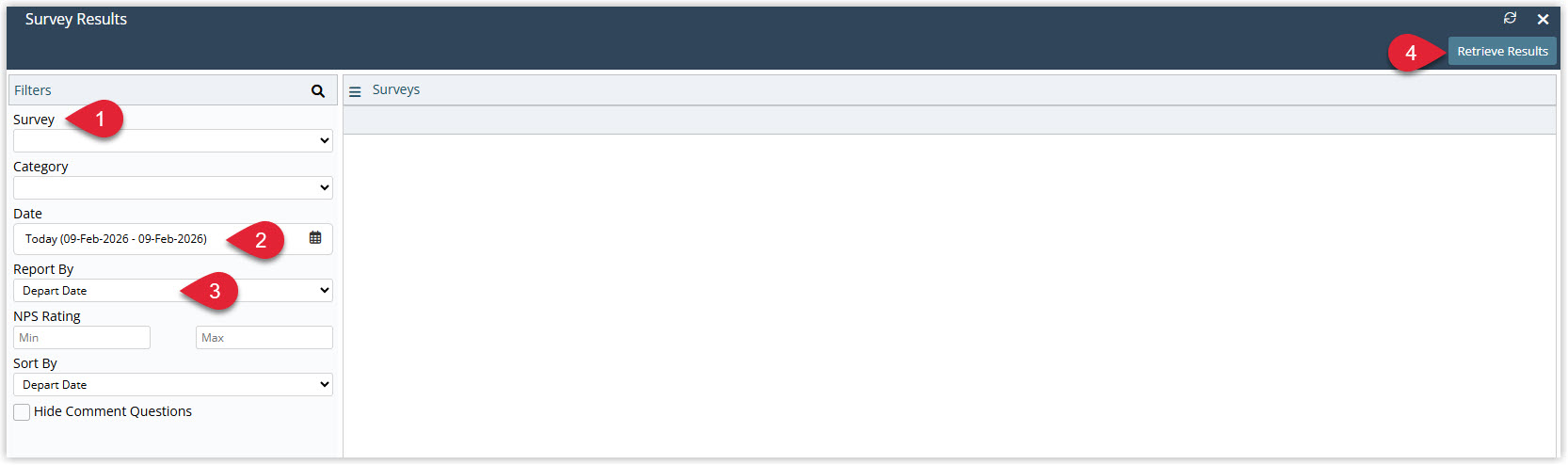 Annotated screenshot of the Survey Results screen in RMS showing the Survey, Category, Date Range, Report By and NPS Rating filter fields and the Retrieve Results button