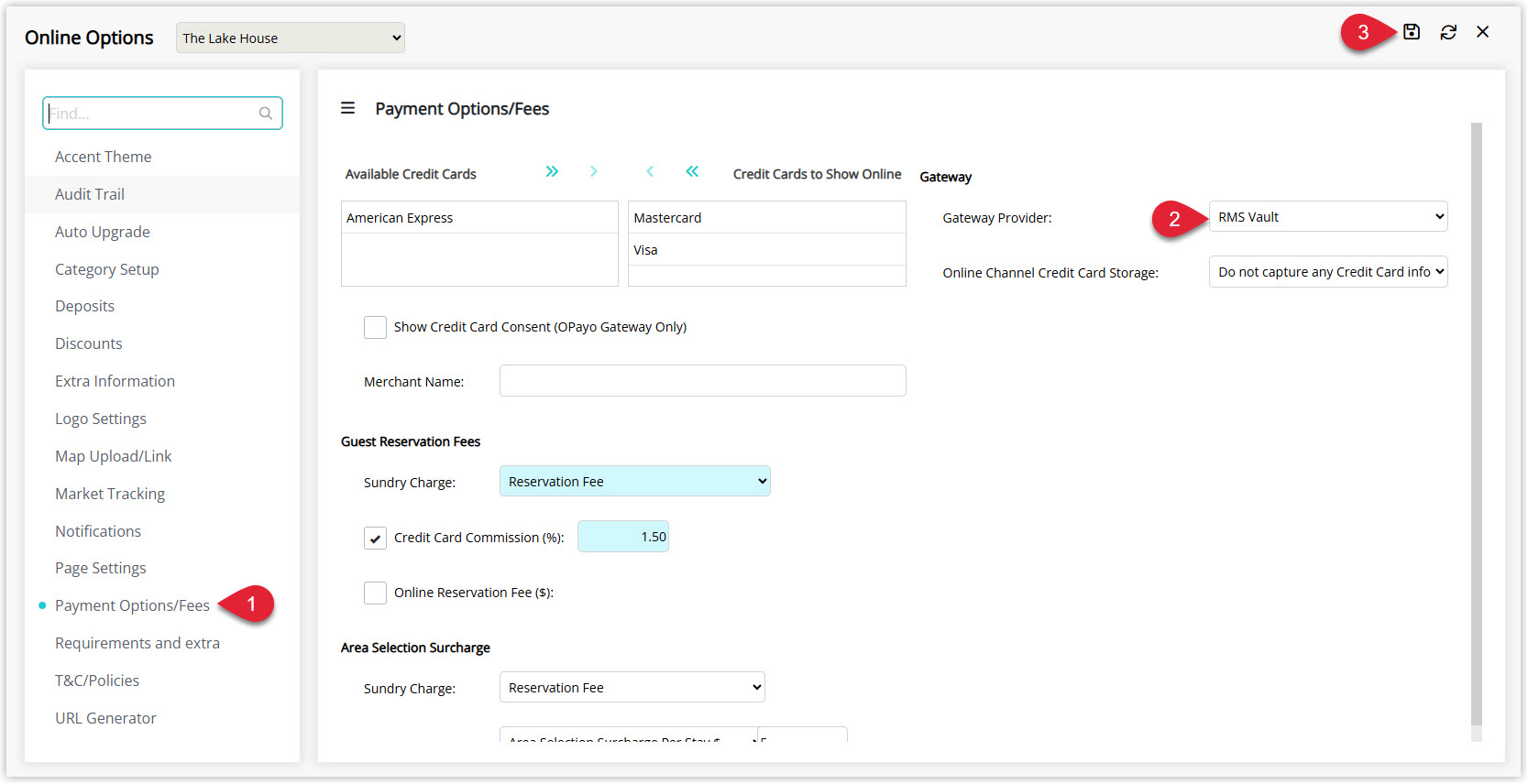Annotated screenshot of the Online Options Payment Options/Fees screen in RMS with the Gateway Provider set to RMS Vault highlighted
