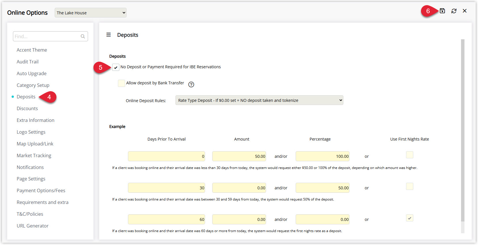 Annotated screenshot of the Online Options Deposits screen in RMS with the No Deposit or Payment Required for IBE Reservations checkbox highlighted