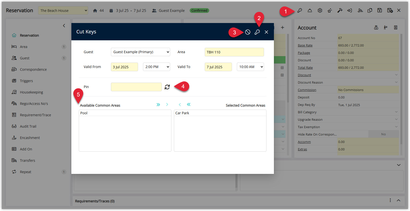 Screenshot of the Cut Keys screen in an RMS reservation showing the selected Vostio door, key encoder, key type, PIN generation options and Common Areas selection used to cut or cancel RFID key cards.