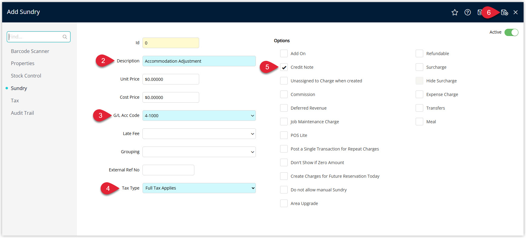 Screenshot of the Sundry setup screen in RMS configured for an Assigned Credit Note, showing fields for Description, General Ledger Account Code, optional Grouping and Tax Type, with the Credit Note checkbox ticked and the Save/Exit button highlighted.