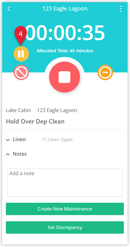 Annotated screenshot of the Staff Portal task screen in RMS highlighting the pause button with the task timer running