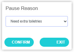 Screenshot of the Staff Portal Pause Reason dialog in RMS showing the reason dropdown and the Confirm and Exit buttons