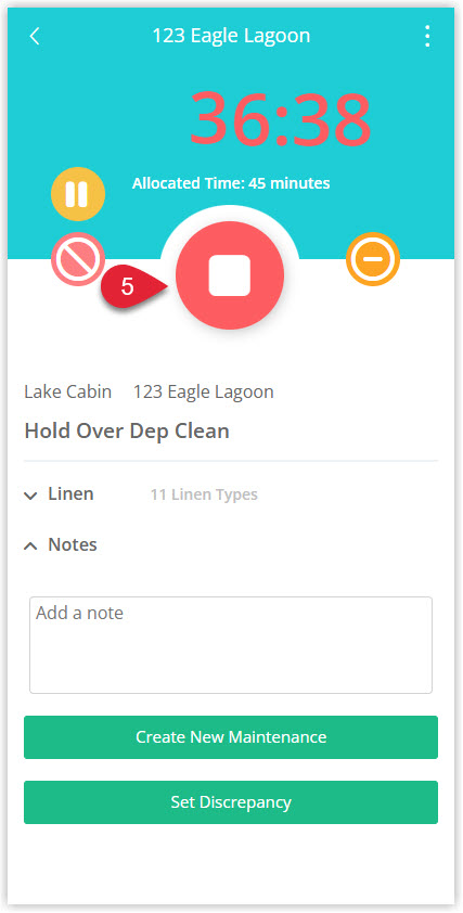 Annotated screenshot of the Staff Portal task screen in RMS highlighting the stop button to complete the task