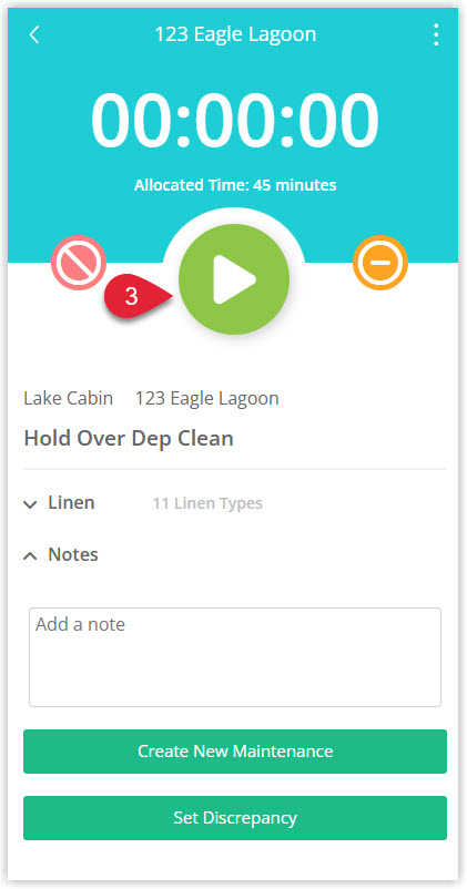 Annotated screenshot of the Staff Portal task screen in RMS highlighting the green start button to begin the task