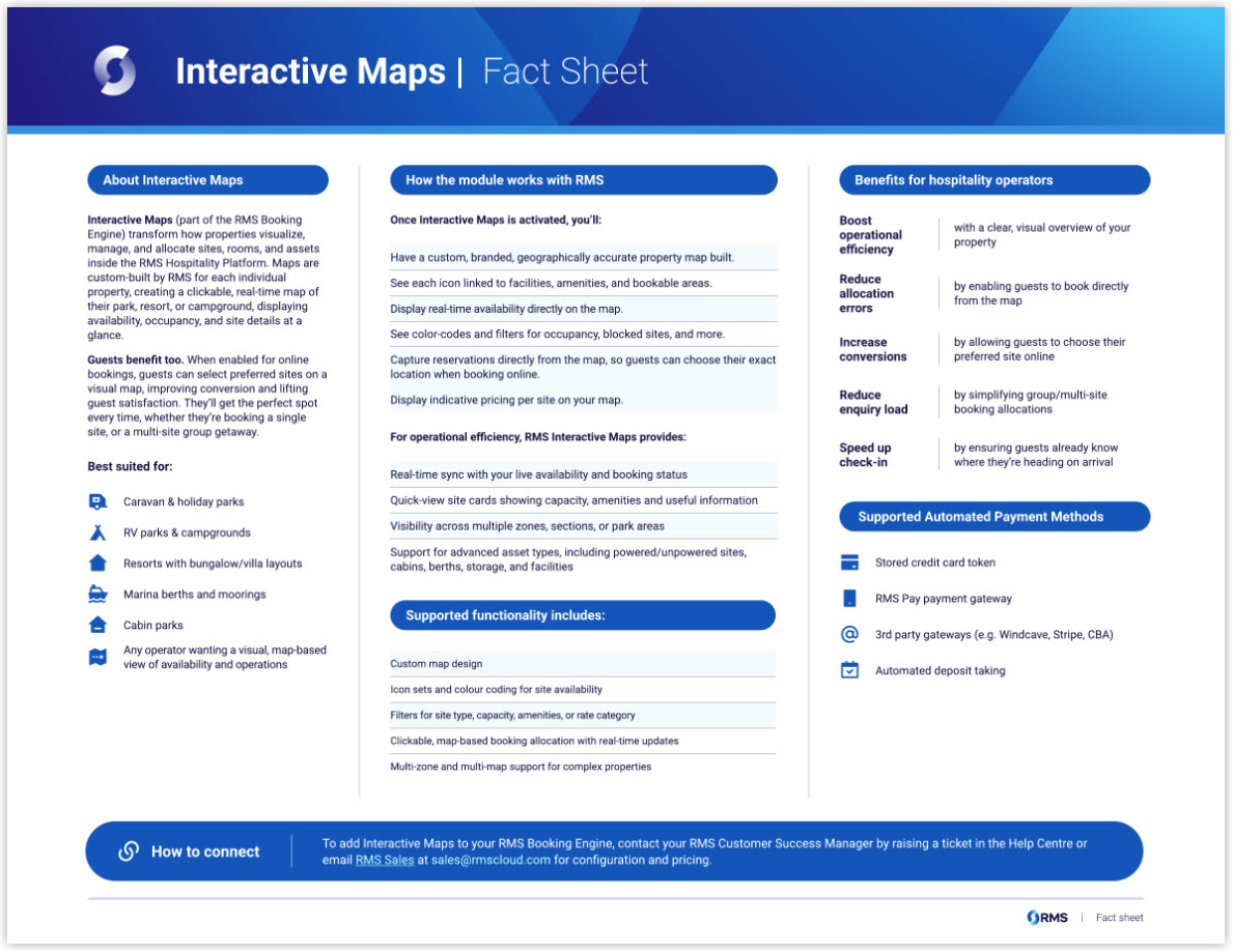 Fact sheet showing key features and benefits of Interactive Maps for online bookings.