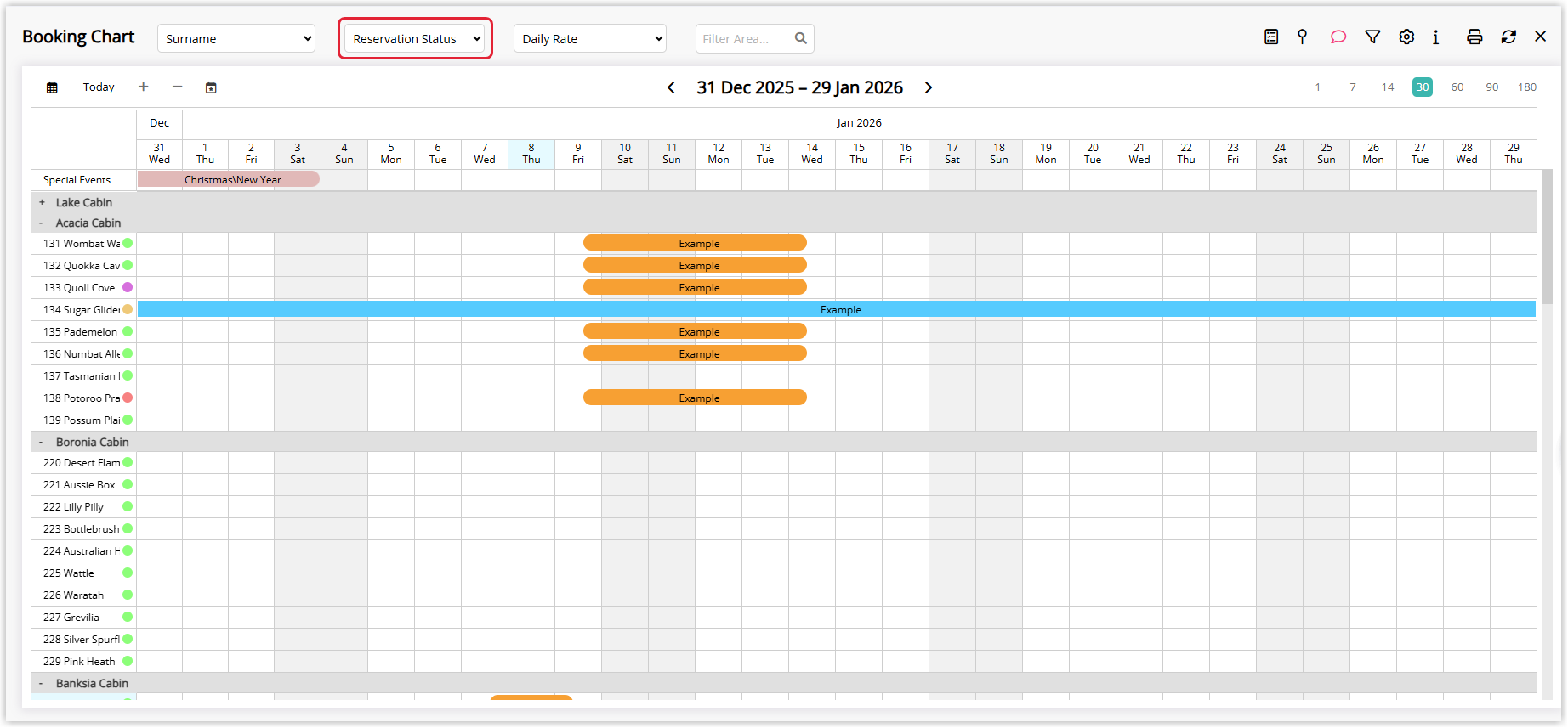 Booking Chart showing reservation blocks in different colours based on reservation status, demonstrating Colour View set to Reservation Status.