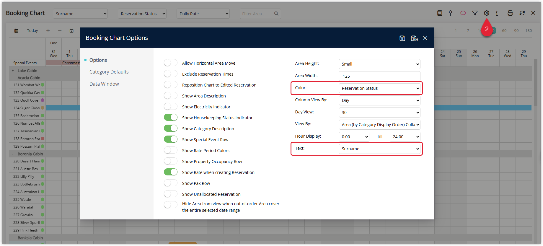 View Options panel on the Booking Chart displaying dropdown fields for Text View and Colour View.