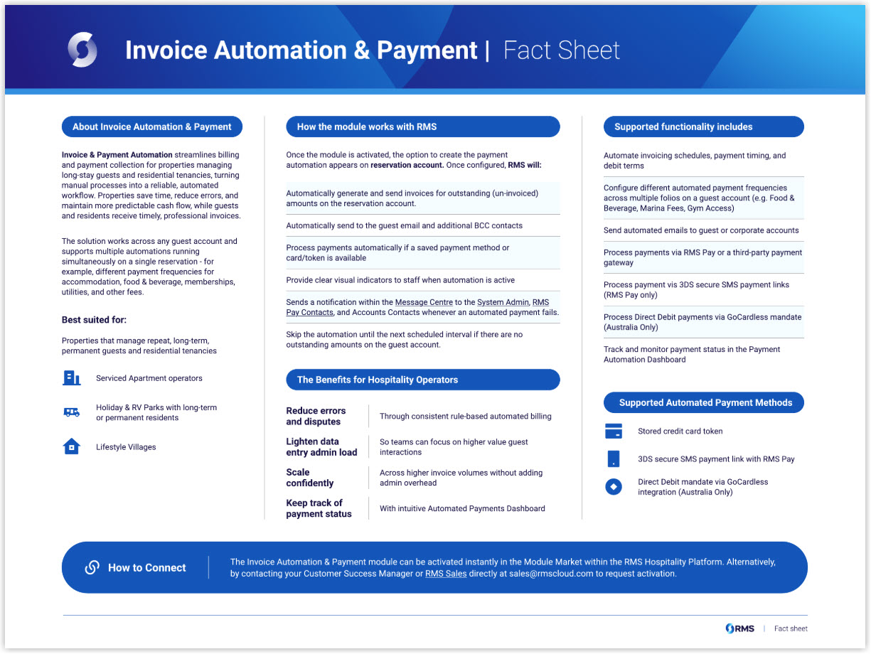 One page fact sheet summarising automated invoicing and payments in RMS including benefits key features and workflow overview.