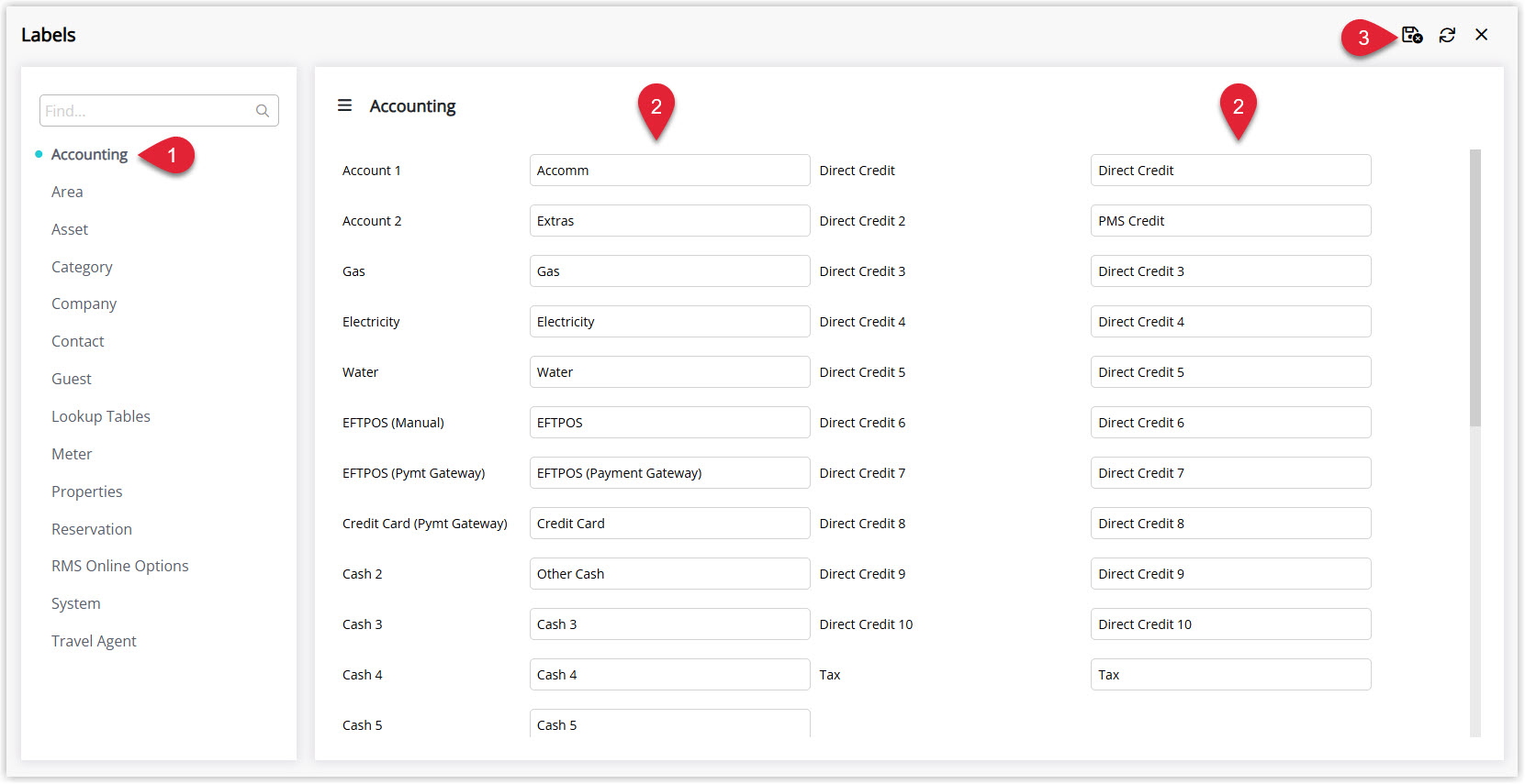 RMS System Labels setup screen on the Accounting tab showing a list of Receipt Type Labels with one selected and a Custom Label value entered to rename that receipt type, and the Save/Exit button highlighted to apply the customised terminology.