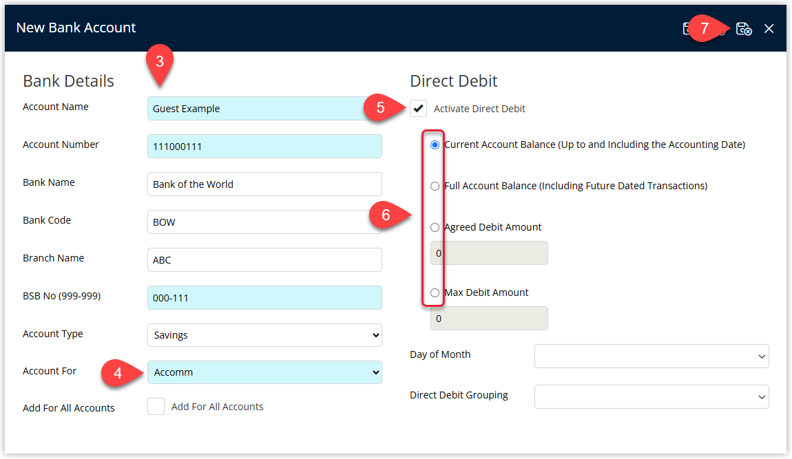 RMS Guest Profile Banking details window showing completed bank account fields, Account For selection, Activate Direct Debit ticked, account balance and optional Day of Month and Direct Debit Grouping options, with Save/Exit selected.