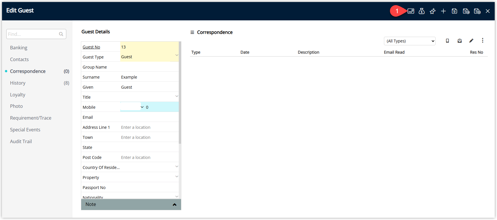 RMS Guest Profile screen with the CC Token option selected to manage stored credit card tokens for direct debit payments.