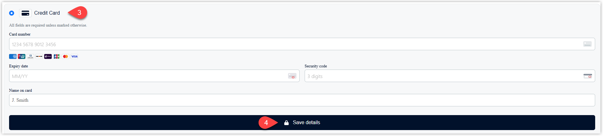 RMS Add Credit Card Token window showing fields for card number, expiry date, name, and security code populated, with the Save Details button selected to store the token for direct payments.