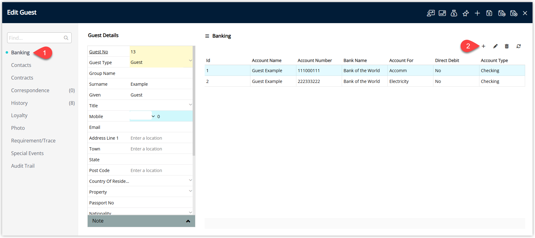 RMS Guest Profile Banking tab showing an empty list of bank accounts with the Add button highlighted to create new direct debit bank details.