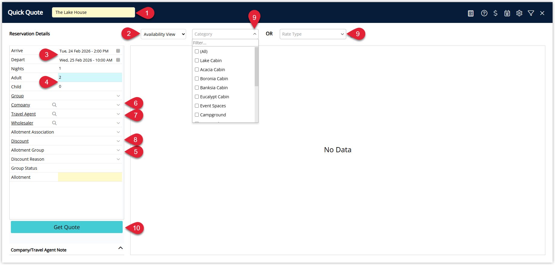 RMS Quick Quote screen showing Property, View, Arrival and Departure dates, Number of Guests, optional Group Allotment, Company, Travel Agent and Discount fields completed, with one or more Categories or Rate Types ticked and the Get Quote button selected to display availability and pricing.
