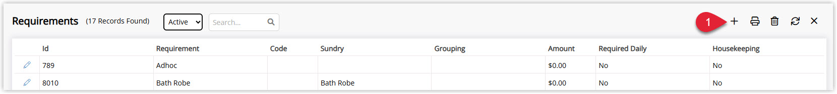 Annotated screenshot of the Reservation Requirements list in RMS highlighting the add icon