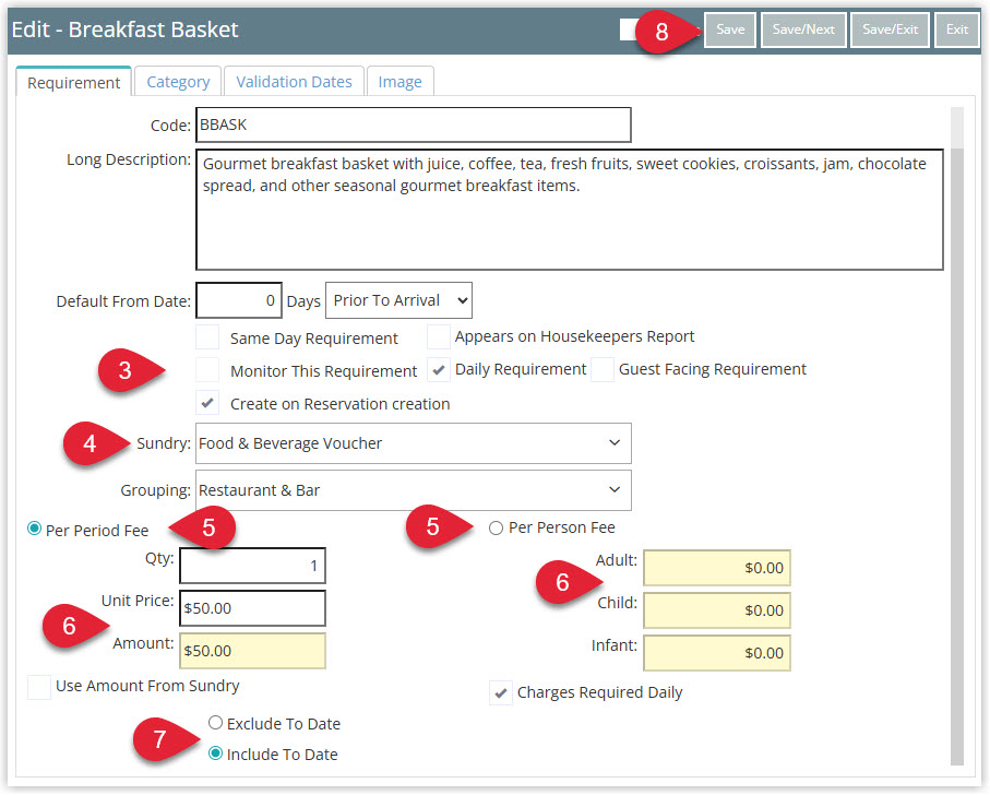 Annotated screenshot of the Edit Reservation Requirement screen in RMS highlighting the behaviour checkboxes, Sundry, Grouping, fee type, Qty, Unit Price and billing options