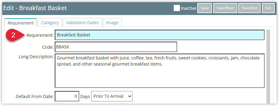 Annotated screenshot of the Edit Reservation Requirement screen in RMS showing the Requirement, Code, Long Description and Default From Date fields