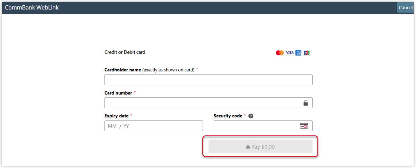 Annotated screenshot of the CommBank WebLink payment form showing the credit or debit card fields with the Pay button highlighted