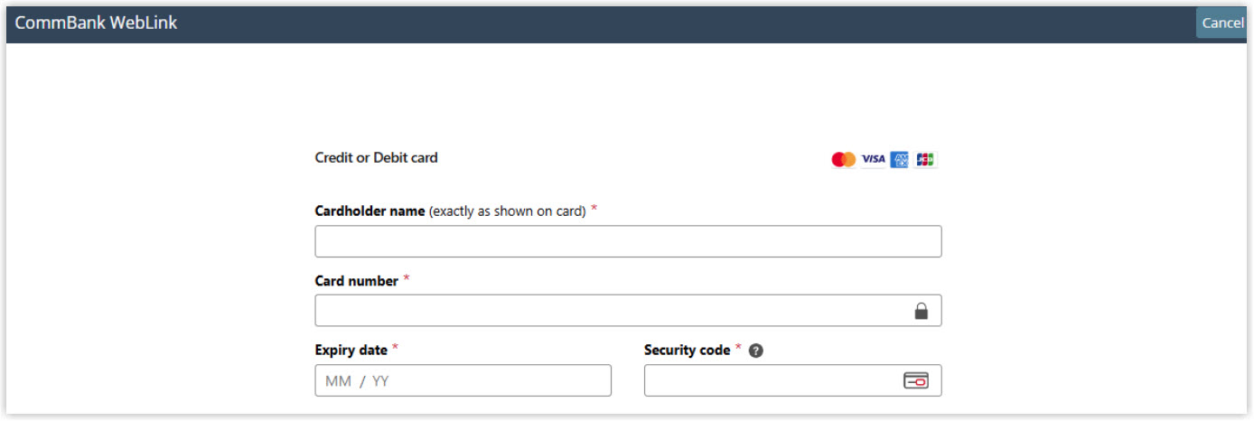 Screenshot of the CommBank WebLink payment form showing fields for cardholder name, card number, expiry date, and security code
