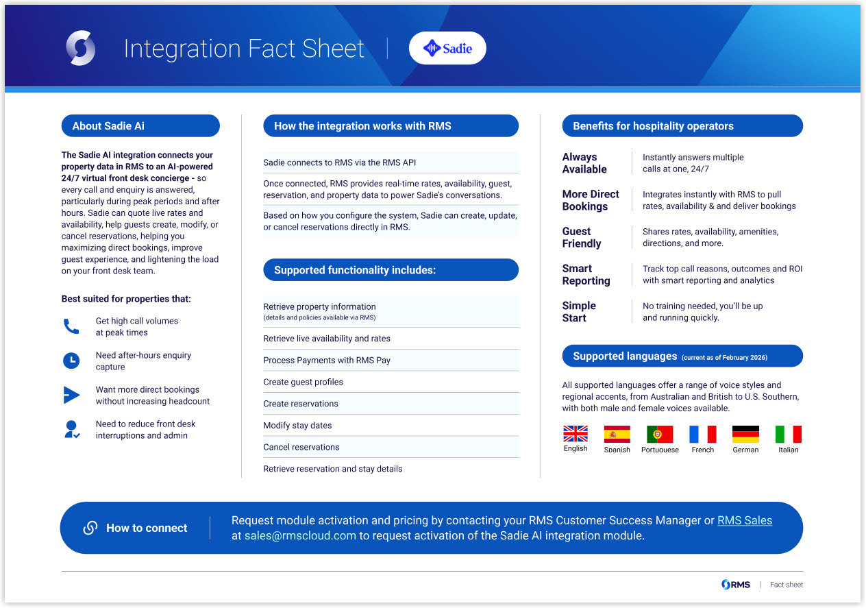 Diagram of the Sadie AI integration fact sheet summarising what the integration does, how it works with RMS, supported functionality, benefits for hospitality operators, and supported languages