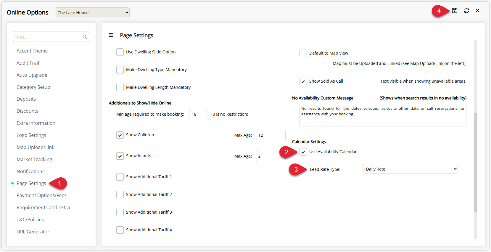 Annotated screenshot of the Online Options Page Settings screen in RMS showing the Use Availability Calendar option enabled with the Lead Rate Type selector