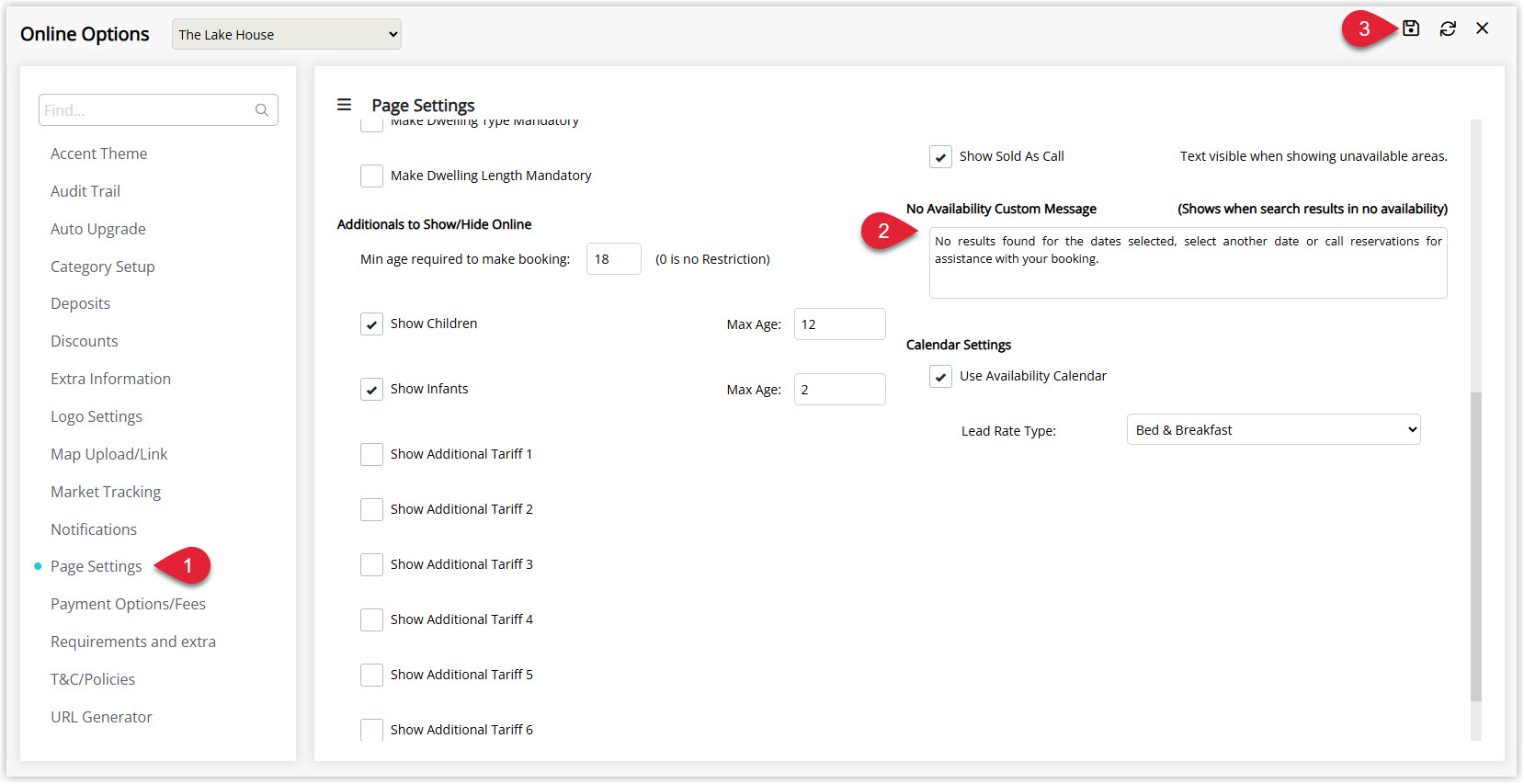 Annotated screenshot of the Online Options Page Settings screen in RMS showing the No Availability Custom Message field and the Calendar Settings with the Lead Rate Type set to Bed & Breakfast
