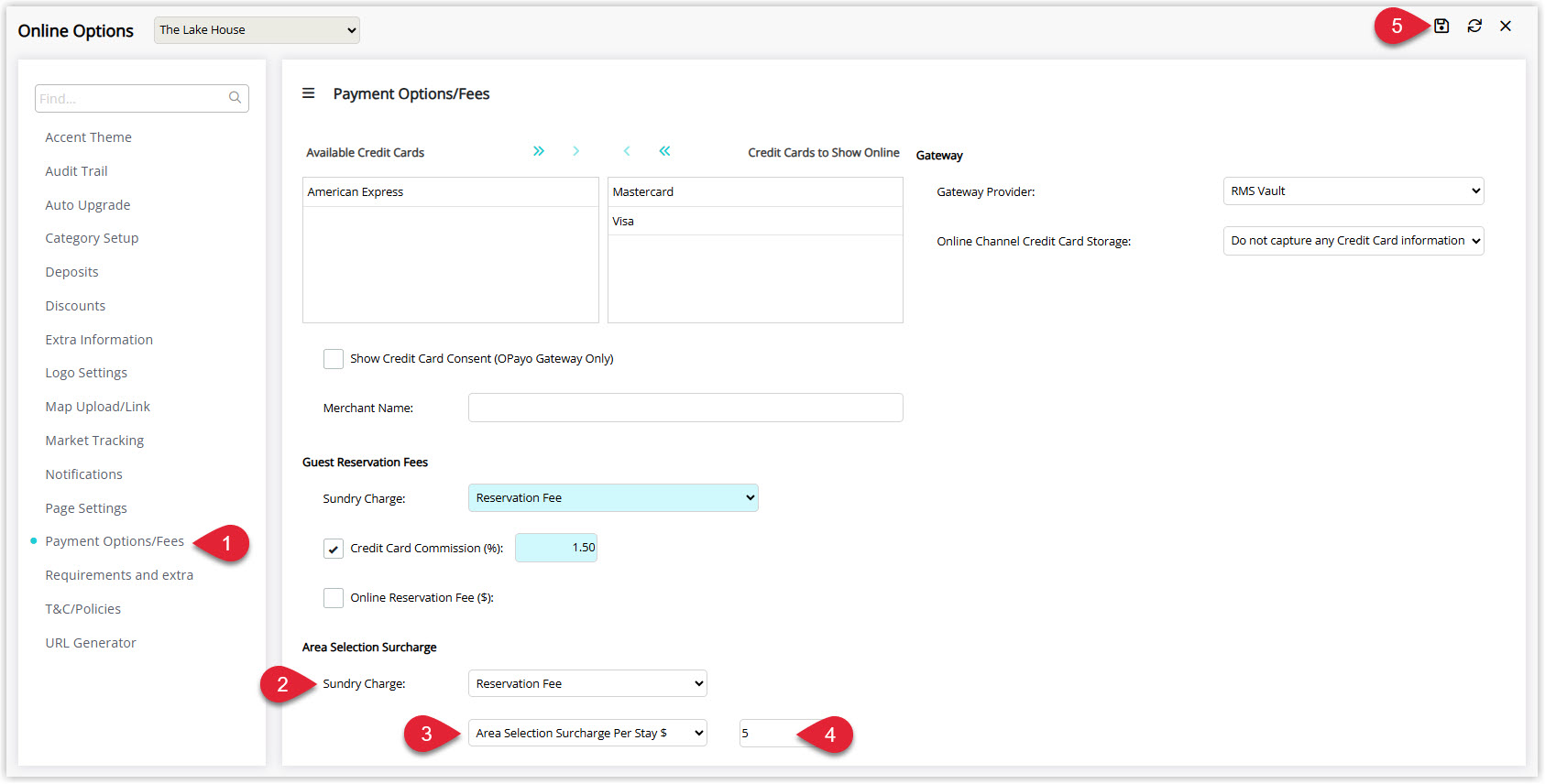 Annotated screenshot of the Online Options Payment Options/Fees screen in RMS highlighting the Area Selection Surcharge settings and the save icon