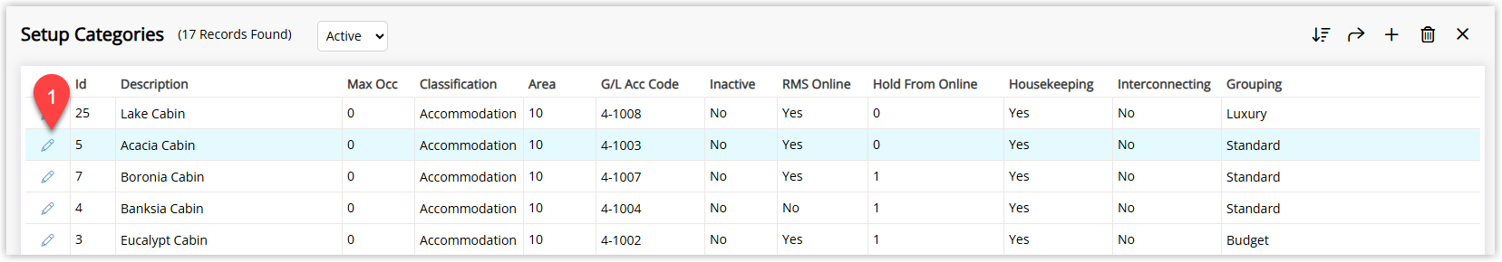 Annotated screenshot of the Setup Categories screen in RMS highlighting the edit icon for a category