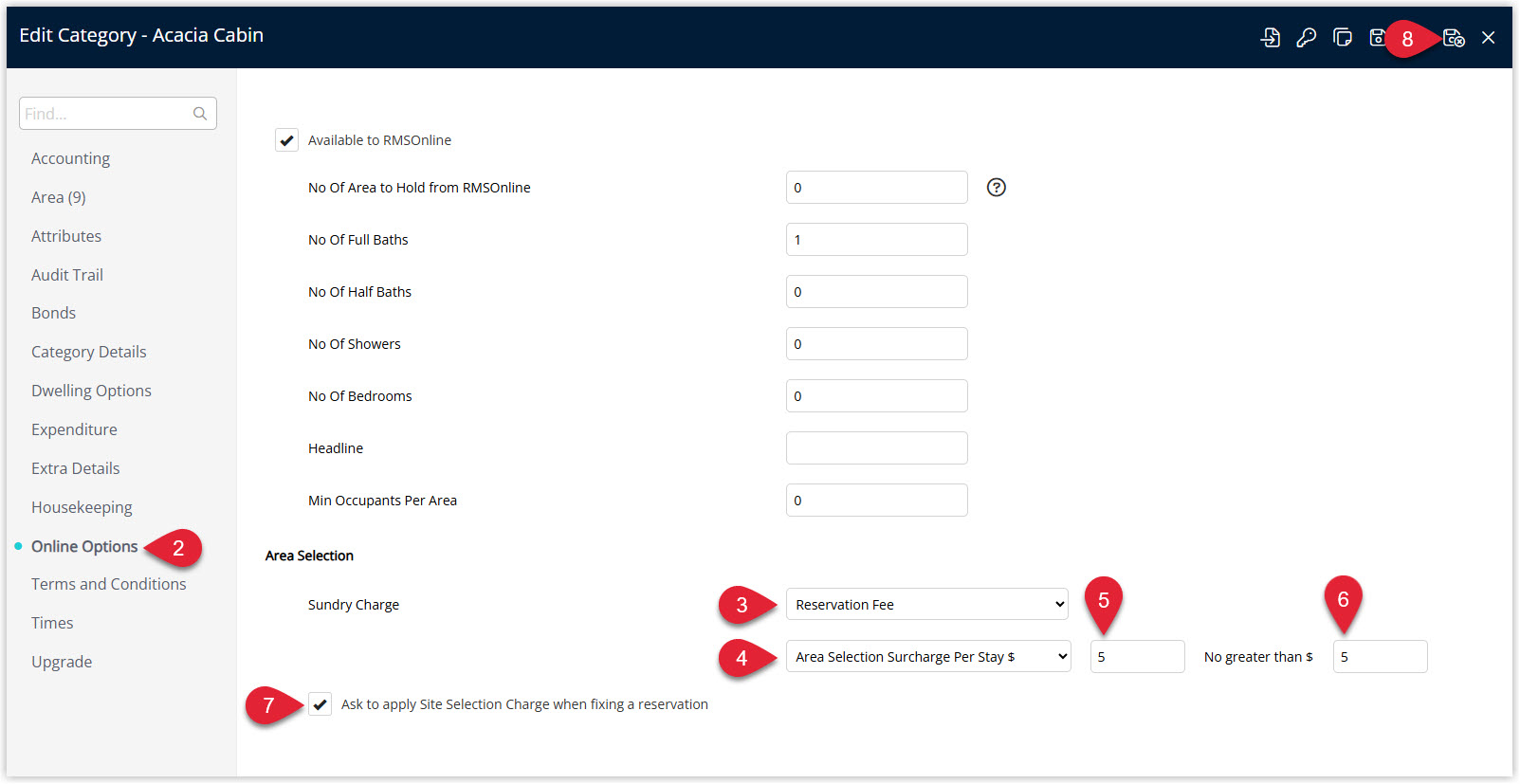 Annotated screenshot of the category Online Options screen in RMS highlighting the Area Selection surcharge settings and the Ask to apply Site Selection Charge option