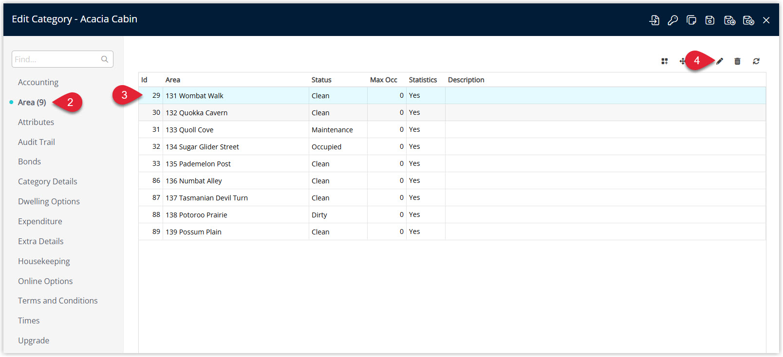 Annotated screenshot of the category Area tab in RMS highlighting how to edit an area within a category