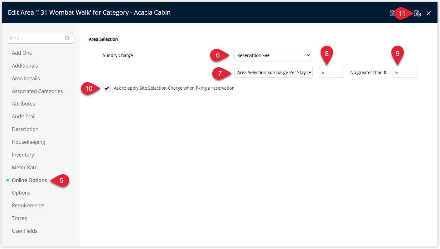 Annotated screenshot of the area Online Options screen in RMS highlighting the Area Selection surcharge settings and the Ask to apply Site Selection Charge option