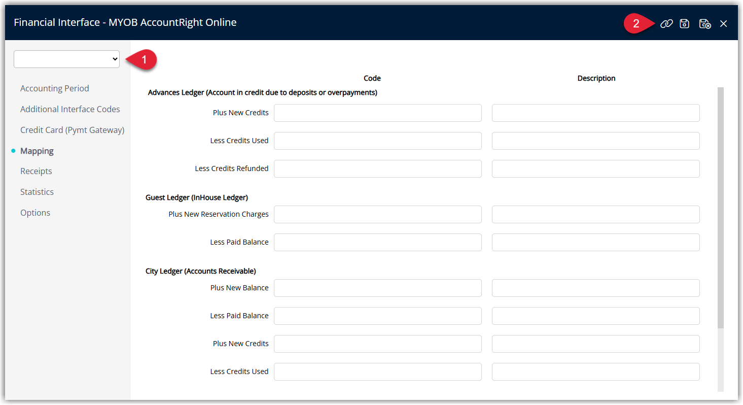 Screenshot of the Financial Interface screen in RMS showing the Linking (paperclip) icon used to start the connection to MYOB AccountRight Online.