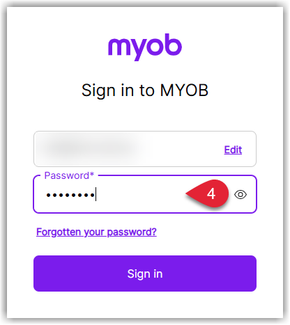 Screenshot of the MYOB Sign In page showing the password field and the Sign In button for the Administrator user.