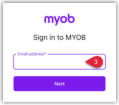 Screenshot of the MYOB Sign In page showing the email address field for the Administrator user.