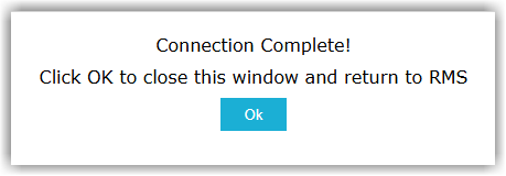 Screenshot of the MYOB connection confirmation page in RMS showing the connection complete message.