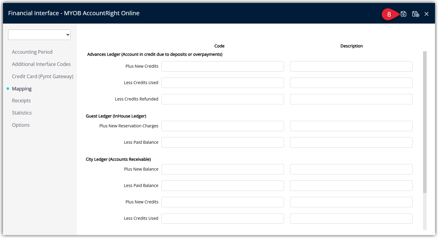 Screenshot of the Financial Interface screen in RMS showing the Save and Save/Exit buttons used to save the MYOB connection.