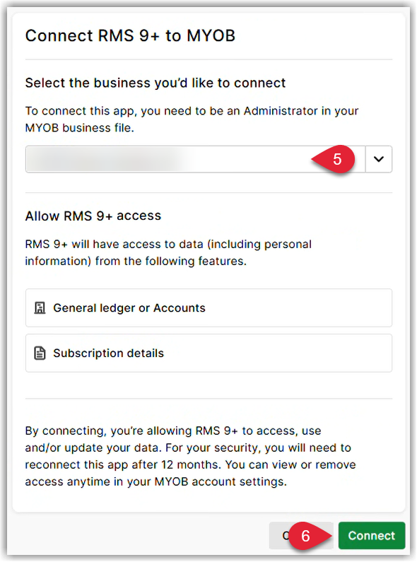 Screenshot of the MYOB Company File selection page showing the Connect button used to complete the connection.