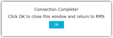Screenshot of the MYOB Connection Complete dialog confirming the connection, with an Ok button