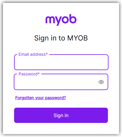 Screenshot of the MYOB sign-in page with an email field, a password field and a Sign in button