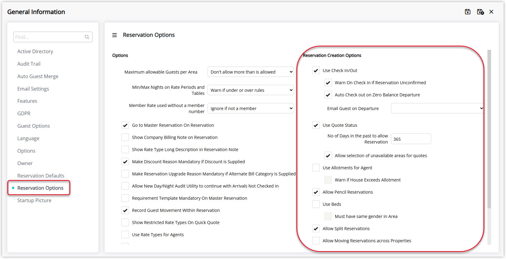 Annotated screenshot of the General Information Reservation Options screen in RMS with the Reservation Creation Options highlighted