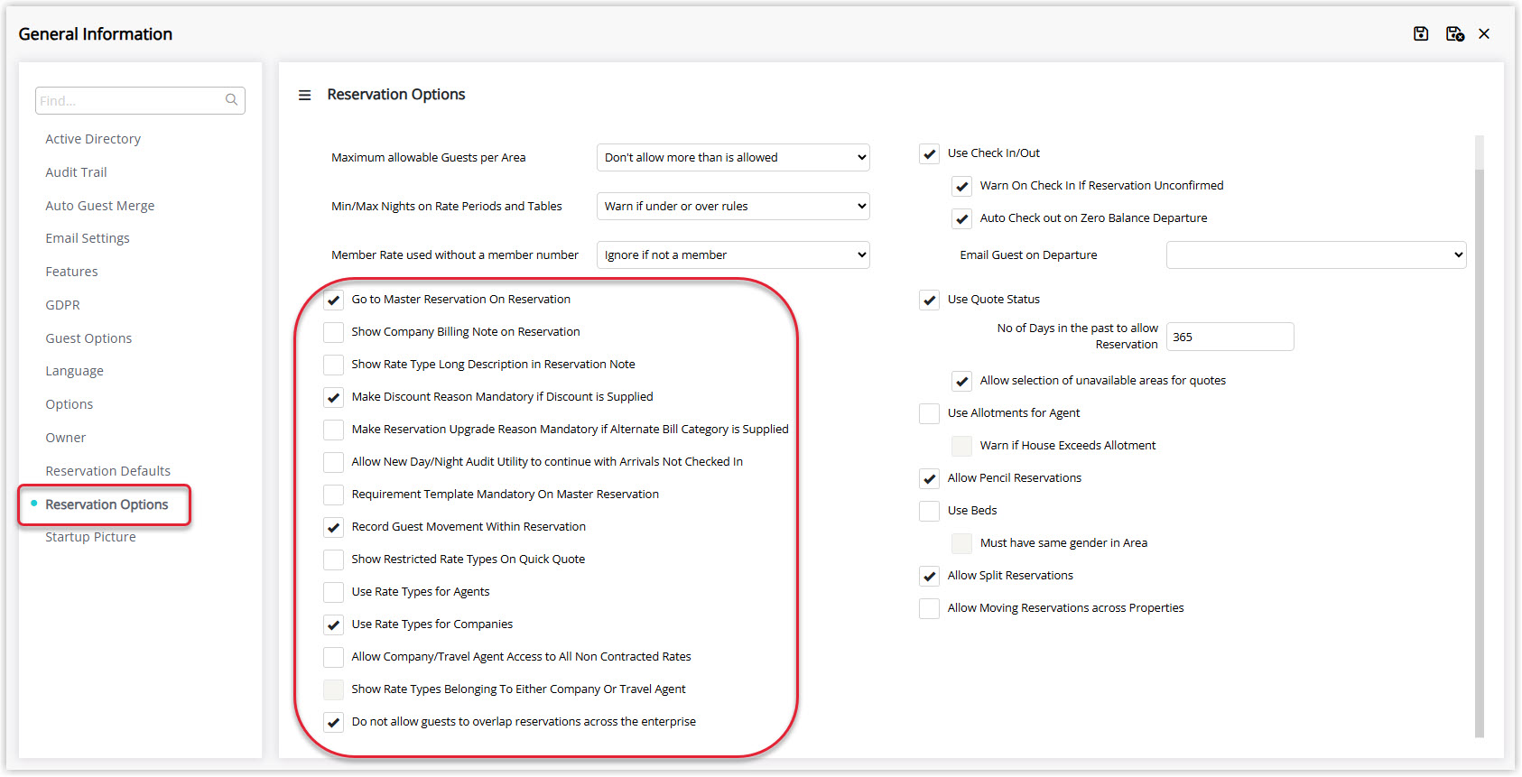 Annotated screenshot of the General Information Reservation Options screen in RMS with the Options checkboxes highlighted