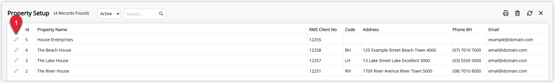 Annotated screenshot of the Property Setup list in RMS showing the properties with the edit icon highlighted