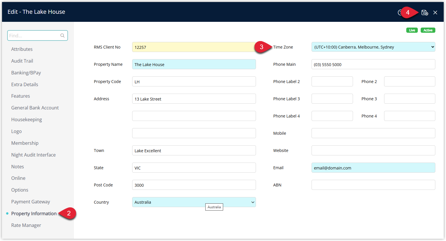 Annotated screenshot of the Property Information screen in RMS showing the property details with the Time Zone selector highlighted