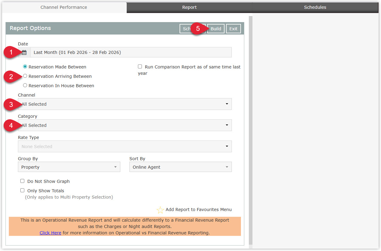 Screenshot of the Channel Performance build screen in RMS showing the Report Options panel with numbered step markers.