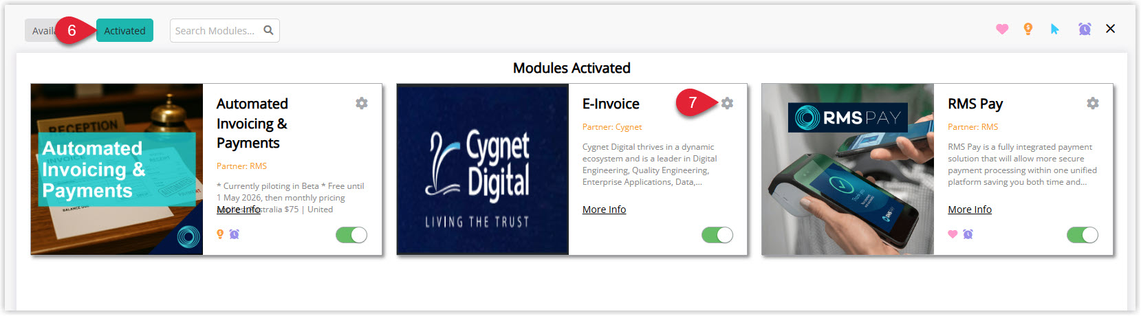 Annotated screenshot of the Module Market Activated tab in RMS showing the E-Invoice Cygnet module listed as active with the settings icon highlighted